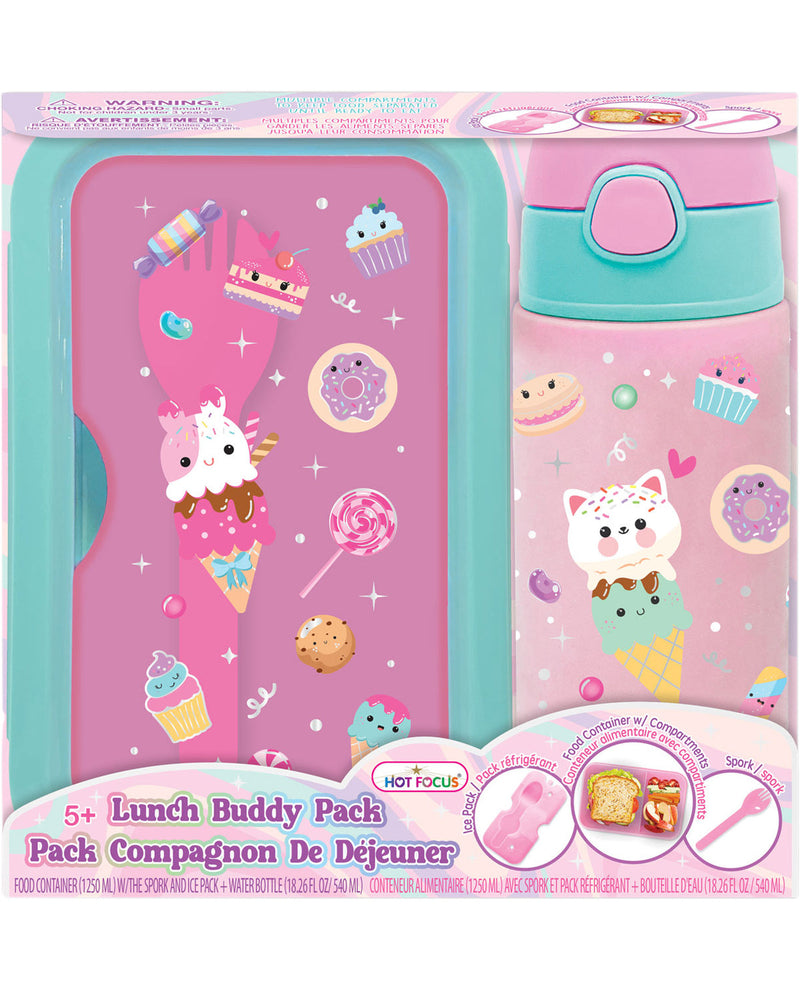 Pink lunch buddy pack with cartoon characters and food illustrations on a pink background