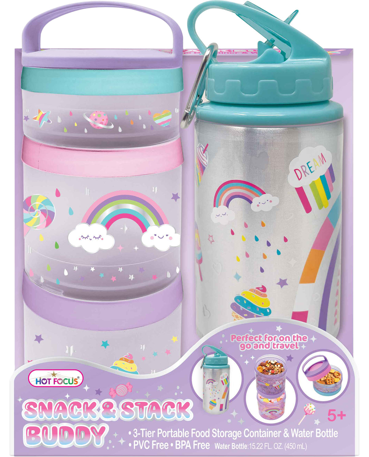 Snack and stack buddy with rainbow design in packaging