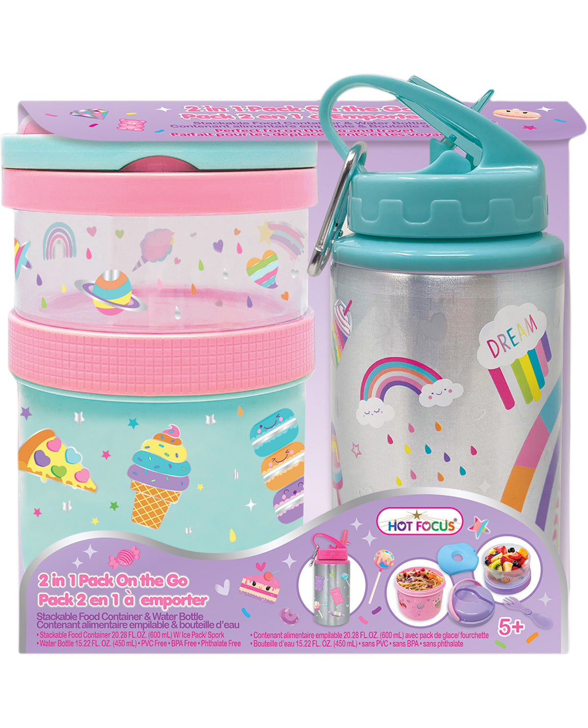 Stackable food container and water bottle set with colorful design on a white background