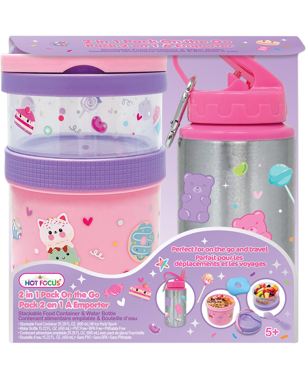 Hot Focus 2-in-1 Pack, On the Go, food container and water bottle set packaging with pink and purple design.