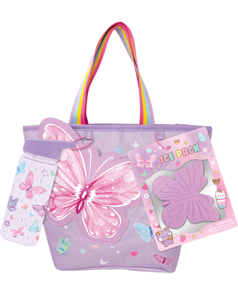 Purple tote bag with butterfly design and ice pack on a white background
