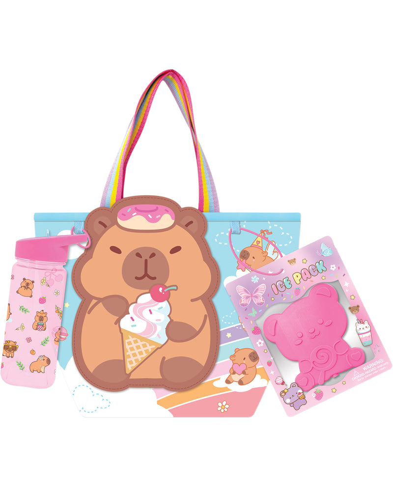 Set of children's items including a bear-shaped bag, water bottle, and ice pack on a white background