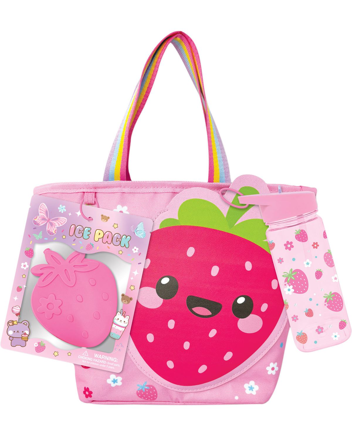 Pink strawberry-themed tote bag with ice pack and pouch on a white background