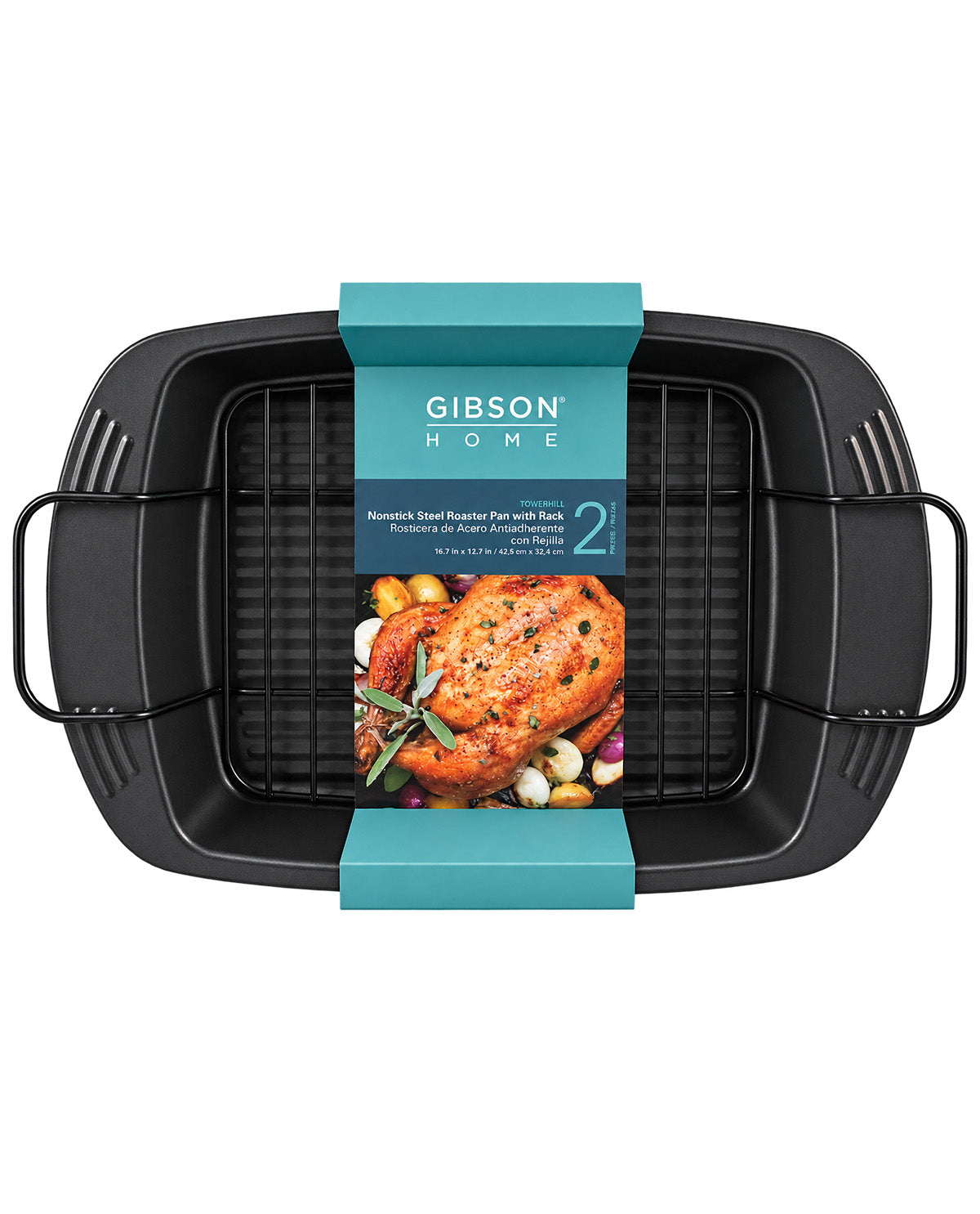 Gibson Home 2-quart roast rack pan in black with a teal paper band around the center, showing a roasted chicken photo on the label.