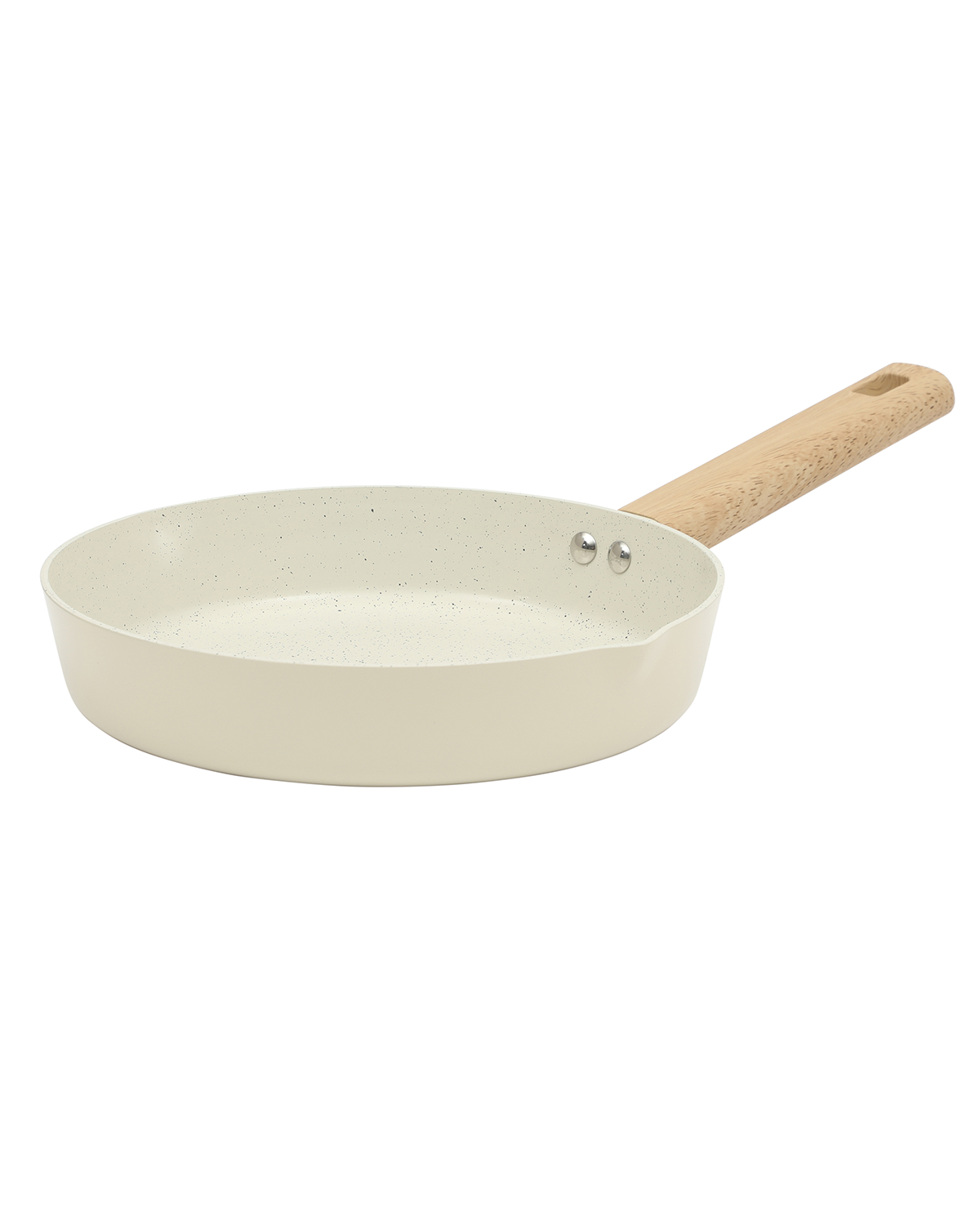 White frying pan with a wooden handle on a white background