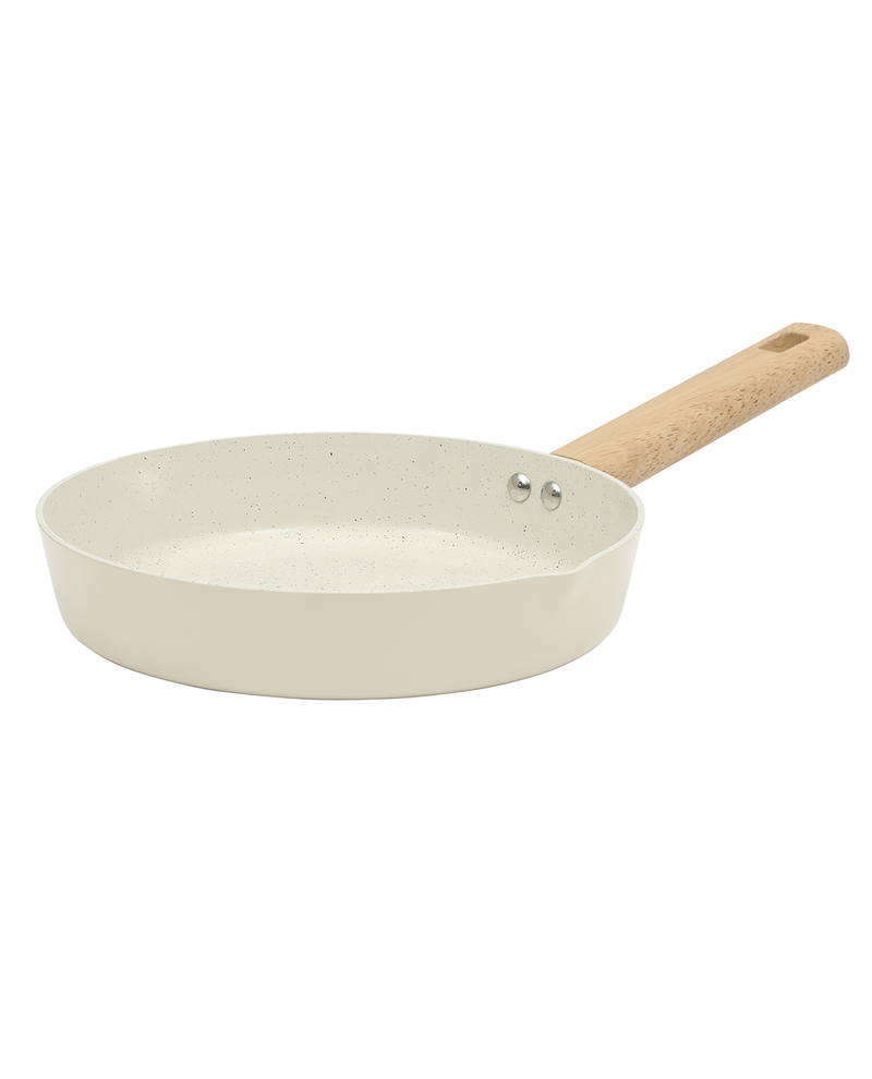 White frying pan with a wooden handle on a white background