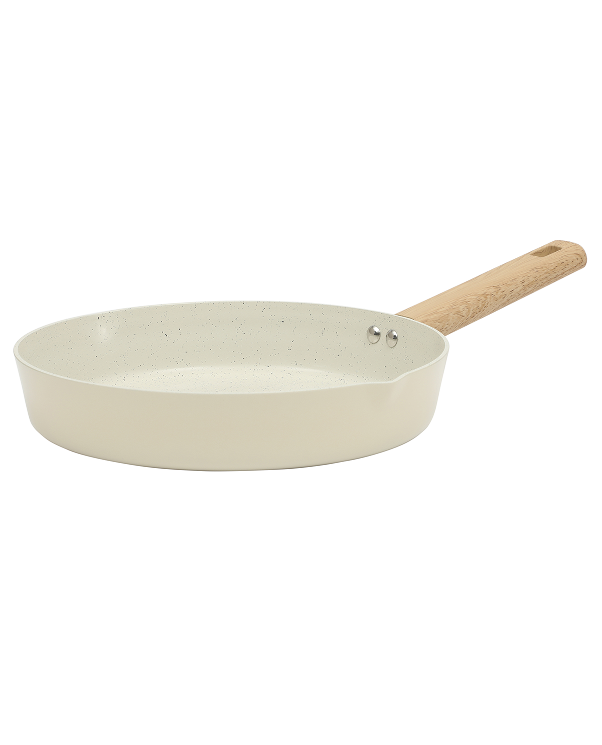 White frying pan with a wooden handle on a white background