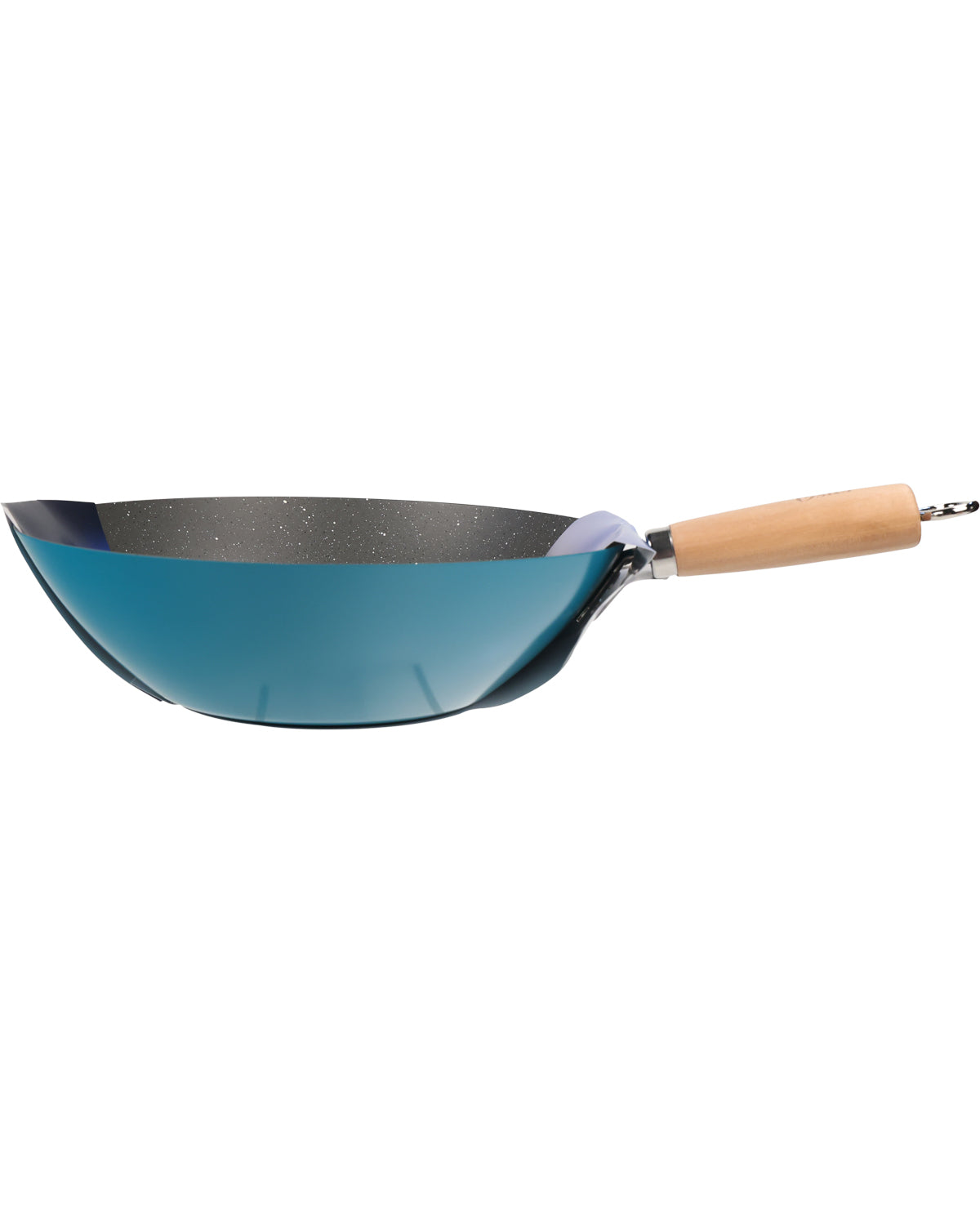 Blue wok with a wooden handle on a white background