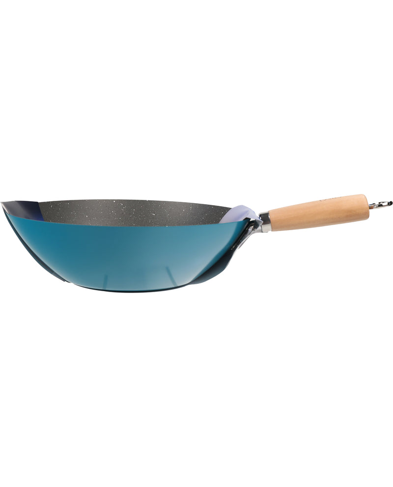 Blue wok with a wooden handle on a white background