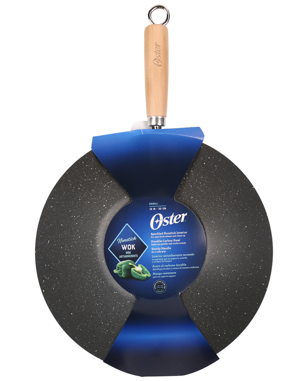 Oster wok with a blue handle and label on a white background
