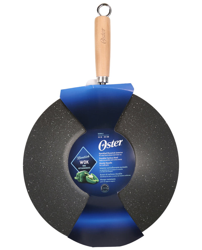 Oster wok with a blue handle and label on a white background
