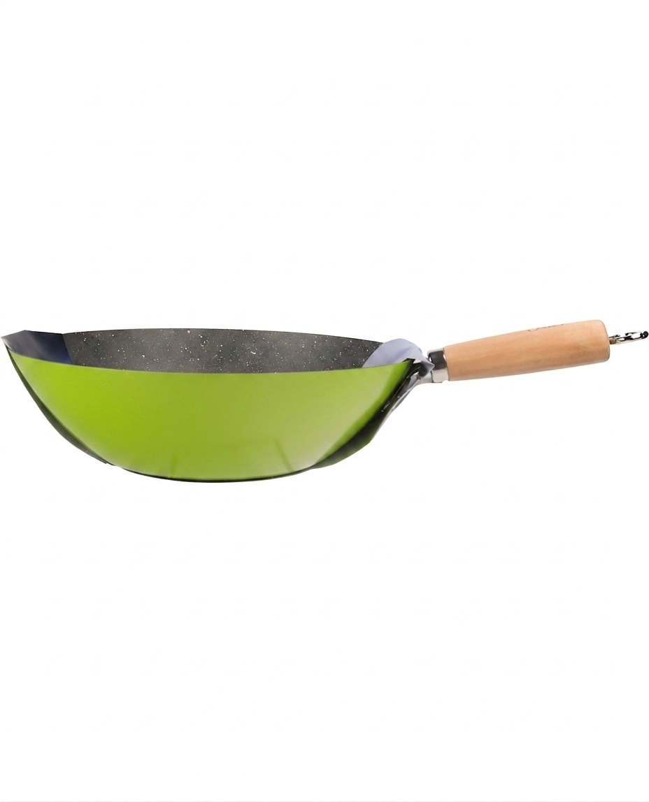 Green wok with a wooden handle on a white background