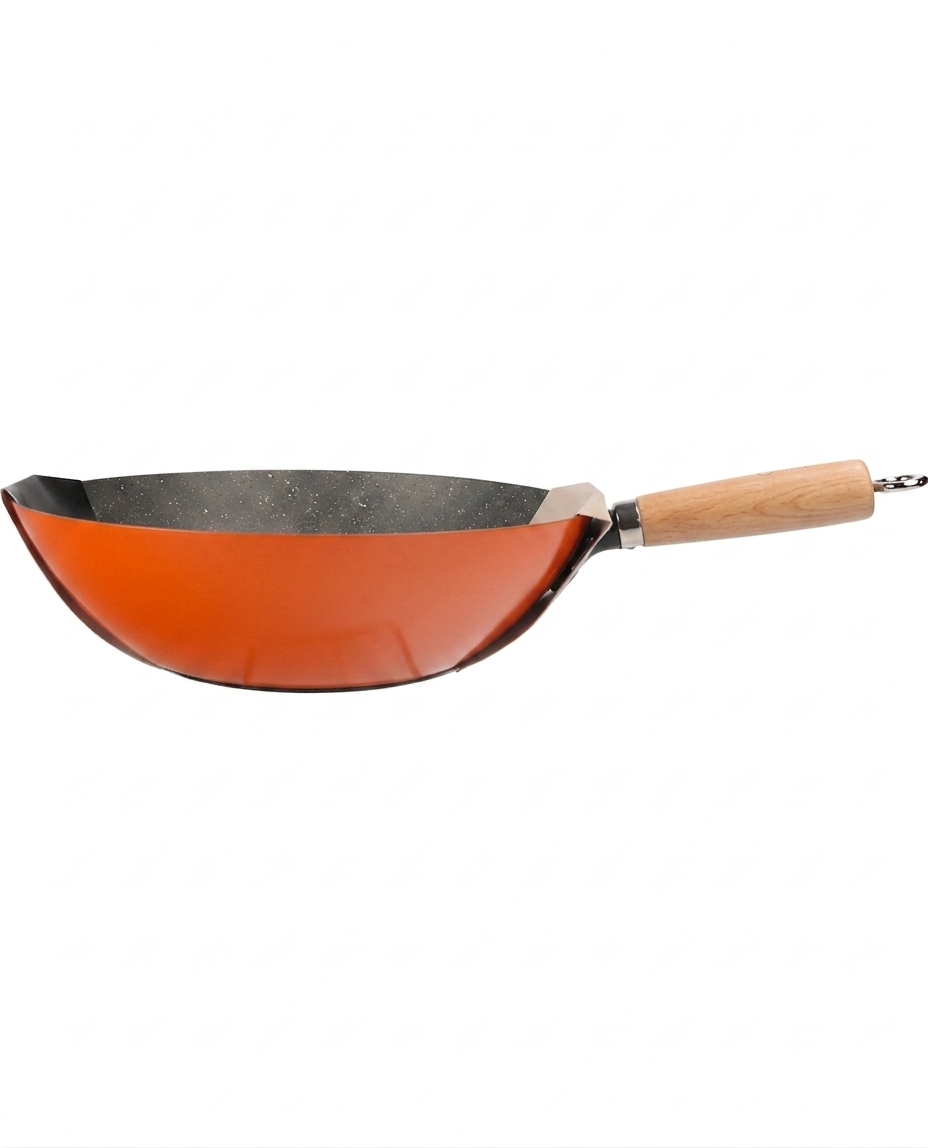 Wok with a wooden handle on a white background