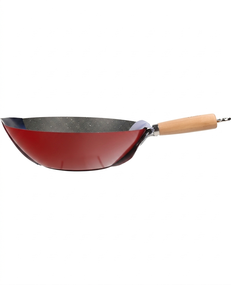 Red wok with a wooden handle on a white background