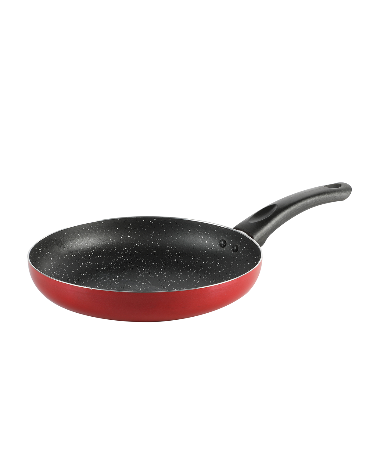 Red frying pan with black speckled interior on a white background