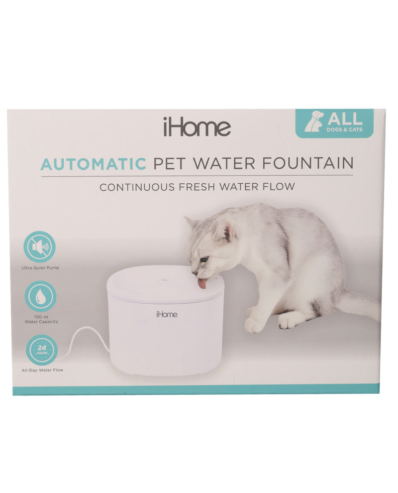 iHome Automatic Pet Water Fountain retail packaging box, featuring a white cat drinking water from the product on the front of the box.
