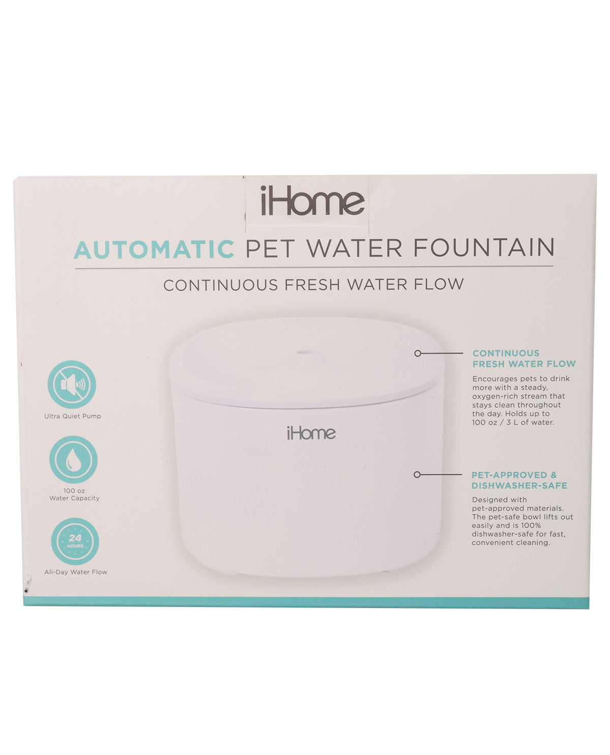 iHome Automatic Pet Water Fountain retail packaging box, featuring a white cylindrical fountain with a black logo, set against a clean white background with product feature icons on the left.