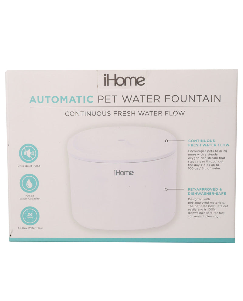 iHome Automatic Pet Water Fountain retail packaging box, featuring a white cylindrical fountain with a black logo, set against a clean white background with product feature icons on the left.