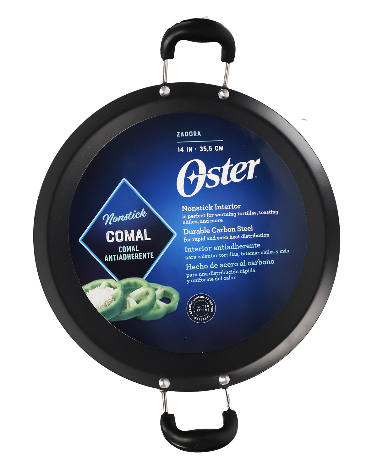 Oster nonstick comal with branding and product details on a white background