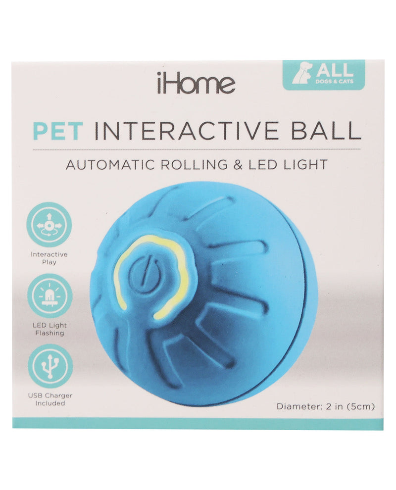 iHome Pet Interactive Ball automatic rolling pet toy in blue with a yellow accent, shown on its product packaging box.