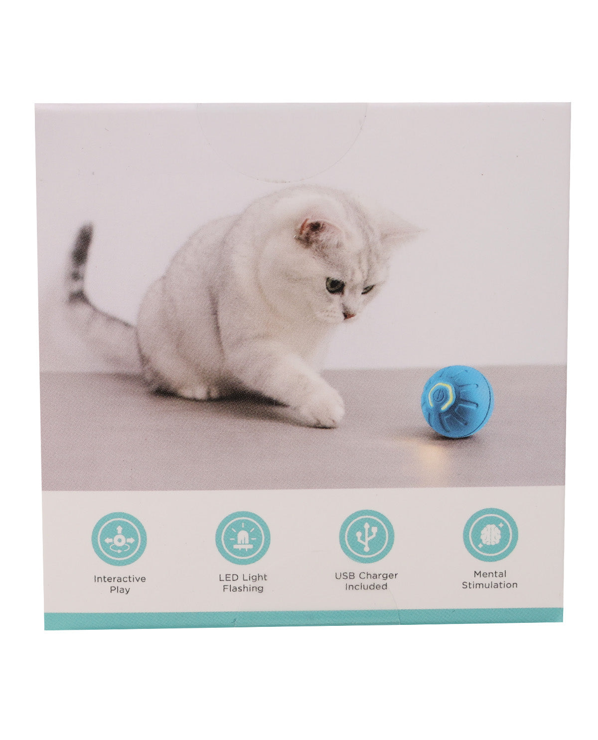 Product packaging for an interactive cat toy, featuring a photo of a white cat playing with a blue ball, with feature icons along the bottom.