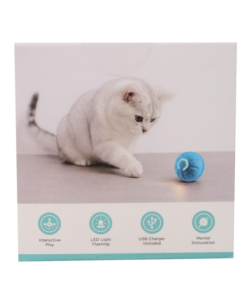 Product packaging for an interactive cat toy, featuring a photo of a white cat playing with a blue ball, with feature icons along the bottom.