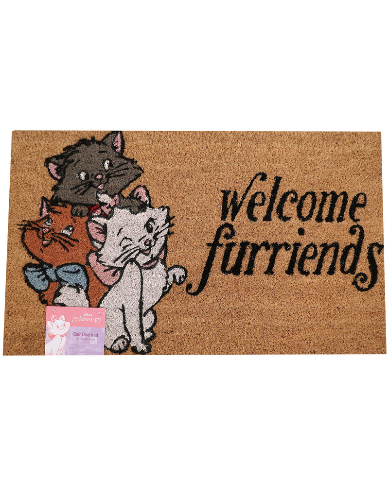 A rectangular coir doormat with the phrase 'Welcome furfriends' in black script and an illustration of three cartoon cats on the left. The mat is shown on a white background with a small retail tag attached in the lower left corner.