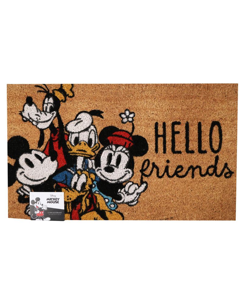 A rectangular coir doormat featuring classic Disney characters including Mickey Mouse, Minnie Mouse, Donald Duck, Goofy, and Pluto, with the text 'HELLO friends' in black. A small Mickey Mouse card is attached to the lower left.