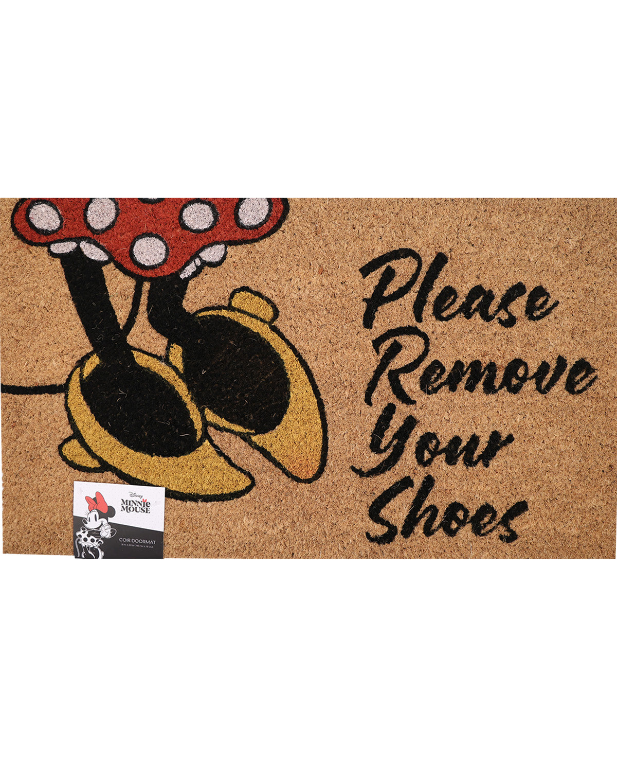 A rectangular coir doormat with a Minnie Mouse design and the text 'Please Remove Your Shoes' in black script. A small retail tag is attached in the lower-left corner.