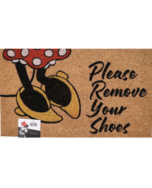 A rectangular coir doormat with a Minnie Mouse design and the text 'Please Remove Your Shoes' in black script. A small retail tag is attached in the lower-left corner.