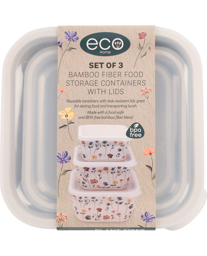 A set of three reusable bamboo fiber food storage containers with lids, packaged with a kraft paper sleeve featuring a floral pattern and the eco Home logo.