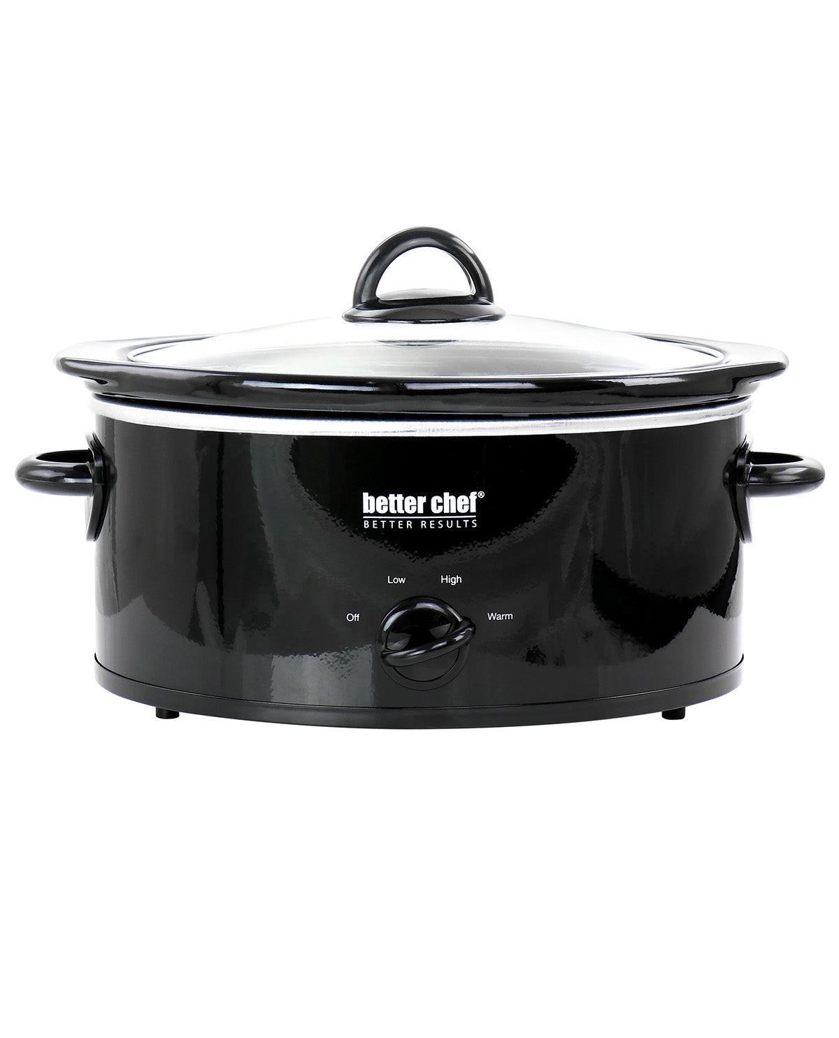 A black ceramic slow cooker with a glass lid and side handles, featuring the 'better chef' brand logo on the front, set against a plain white background.