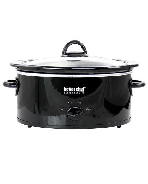A black ceramic slow cooker with a glass lid and side handles, featuring the 'better chef' brand logo on the front, set against a plain white background.