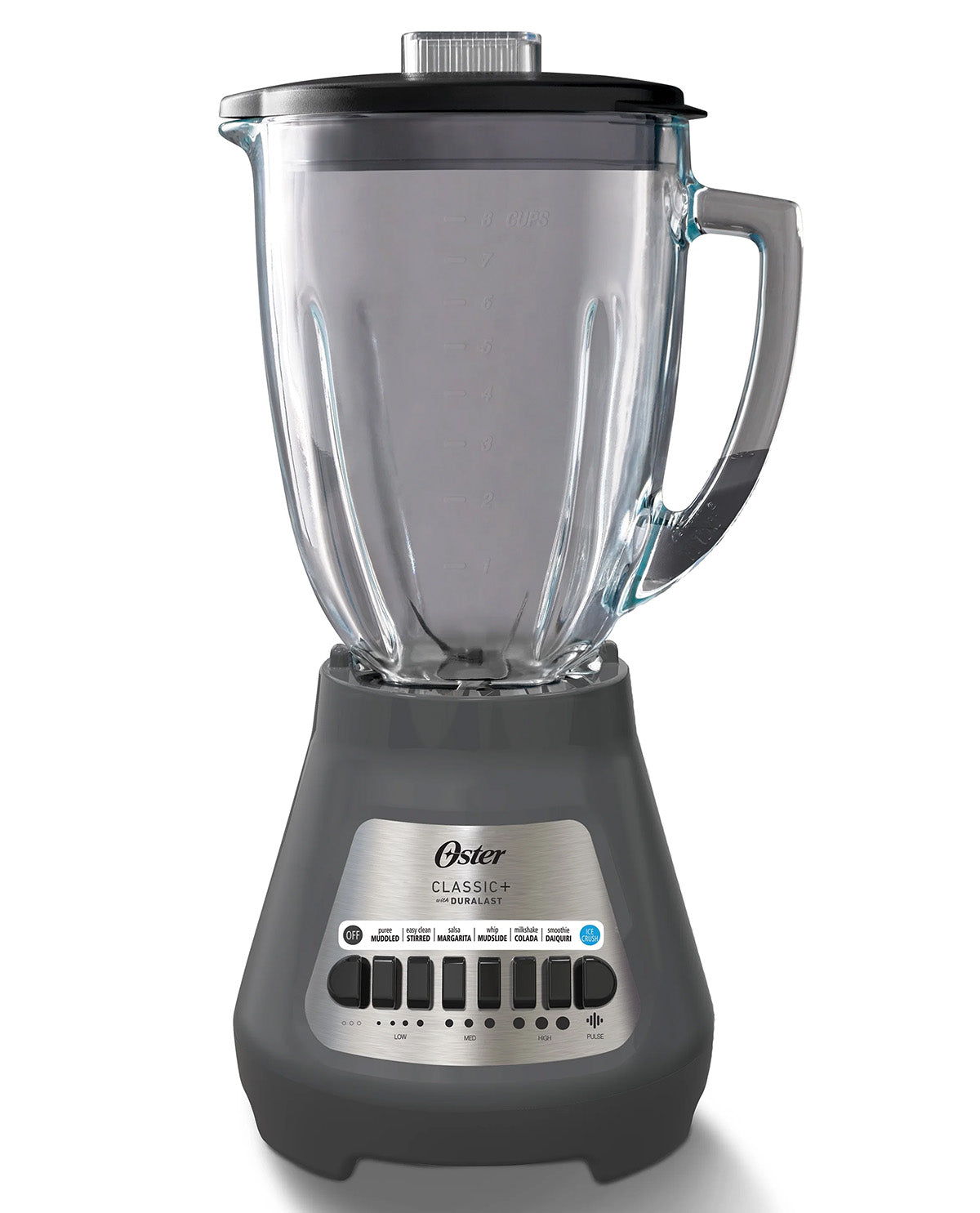 An Oster Classic Plus blender with a dark gray base, clear glass jar, and black lid, shown on a white background.