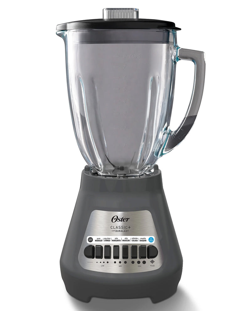 An Oster Classic Plus blender with a dark gray base, clear glass jar, and black lid, shown on a white background.