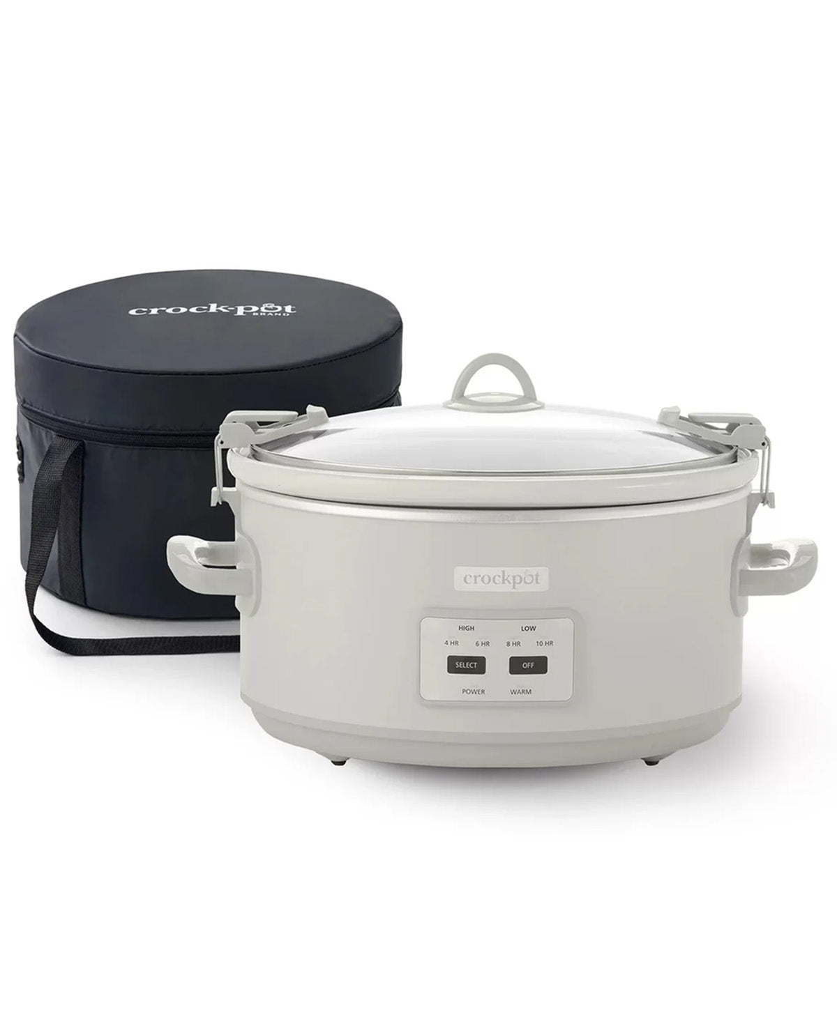 A Crock-Pot slow cooker in light gray with a clear lid, shown in front of its black carrying case on a white background.