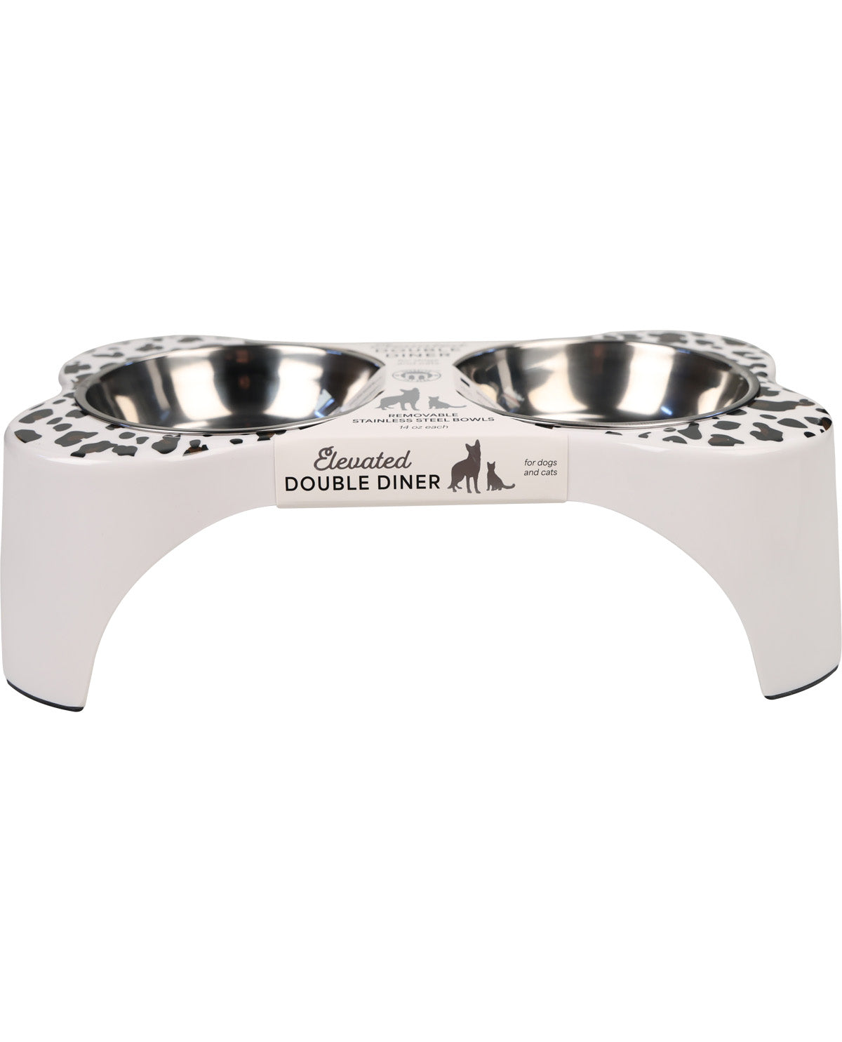 A white elevated double pet feeder and waterer with stainless steel bowls, featuring a black and white leopard print pattern on the sides and a central label that reads 'Elevated DOUBLE DINER'.