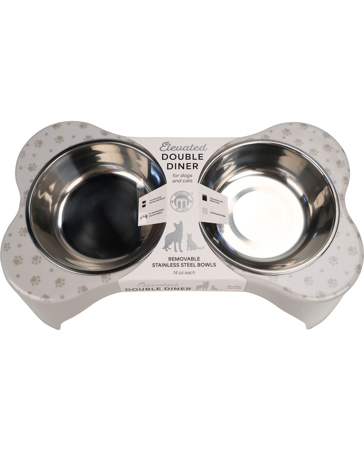 A bone-shaped double pet feeder and waterer with two stainless steel bowls, shown on a plain white background. The feeder base is white with a subtle paw print pattern, and the bowls are reflective stainless steel.