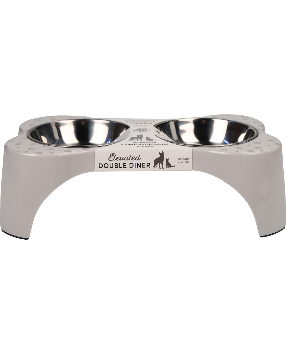 An elevated double dog feeder with two stainless steel bowls set in a light gray plastic base. The brand name 'Elevated' is clearly visible on the front label.