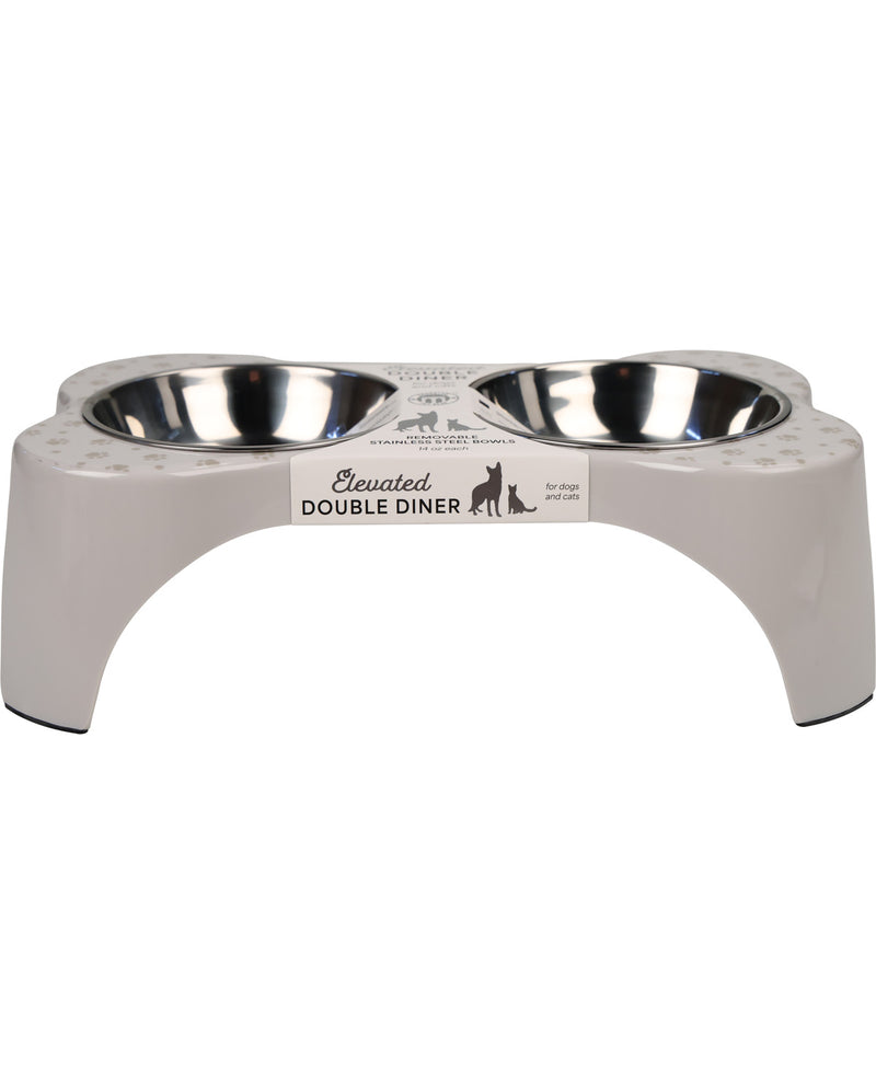 An elevated double dog feeder with two stainless steel bowls set in a light gray plastic base. The brand name 'Elevated' is clearly visible on the front label.