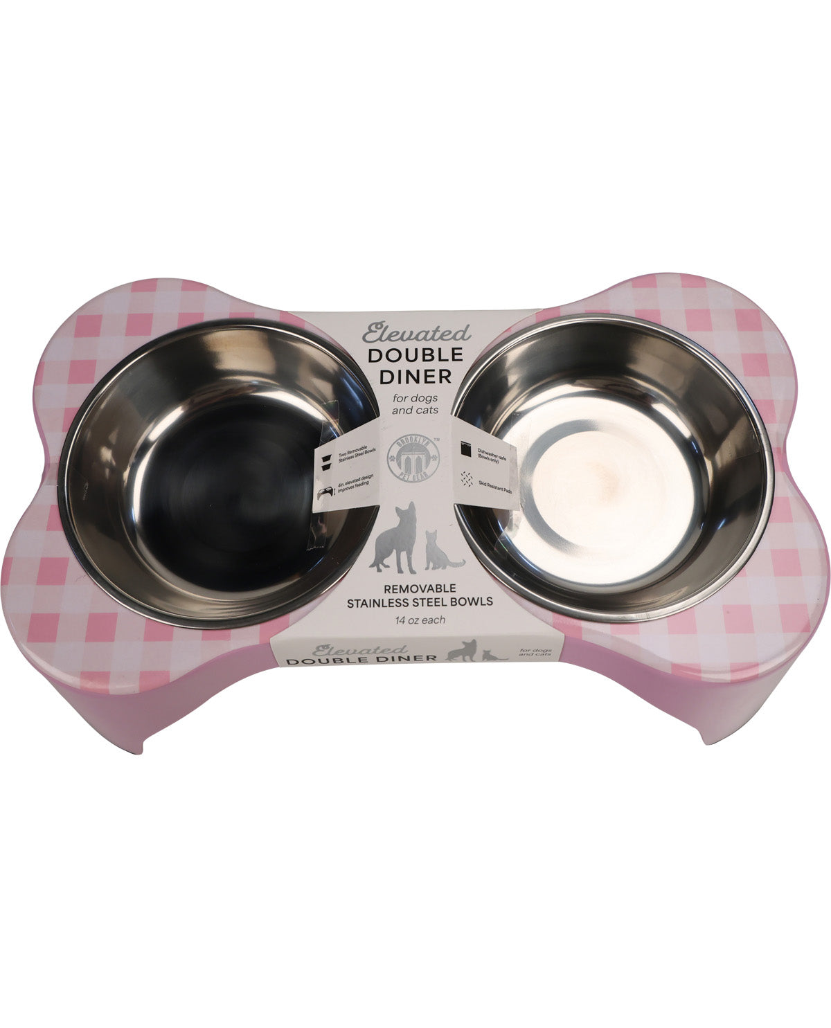 A bone-shaped pet double feeder with two stainless steel bowls on a pink and white gingham patterned base, shown with its paper label still attached against a white background.