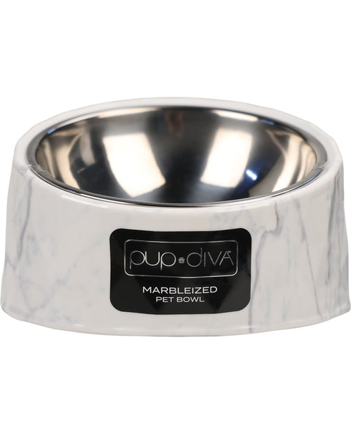 A pet bowl by pup+diva featuring a white marble-patterned exterior and a polished stainless steel interior, with a black brand label on the front.