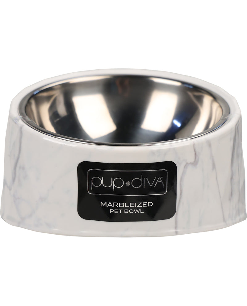 A pet bowl by pup+diva featuring a white marble-patterned exterior and a polished stainless steel interior, with a black brand label on the front.