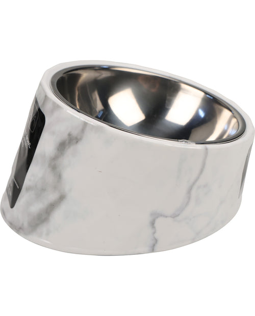 A pet bowl with a white and gray marble-patterned exterior and a polished stainless steel interior, shown on a plain white background.