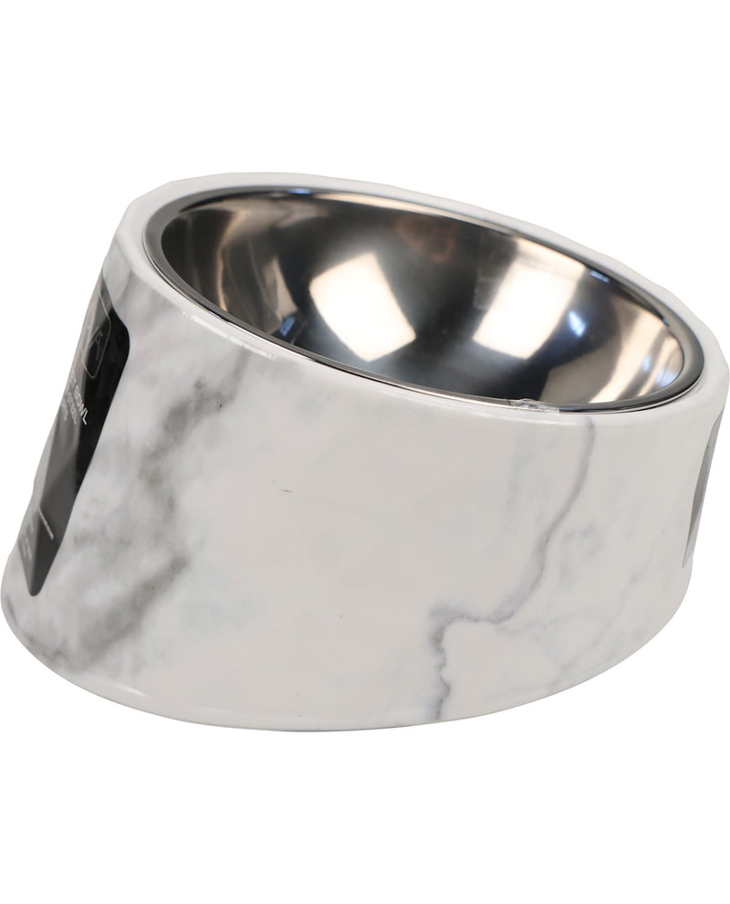 A pet bowl with a white and gray marble-patterned exterior and a polished stainless steel interior, shown on a plain white background.