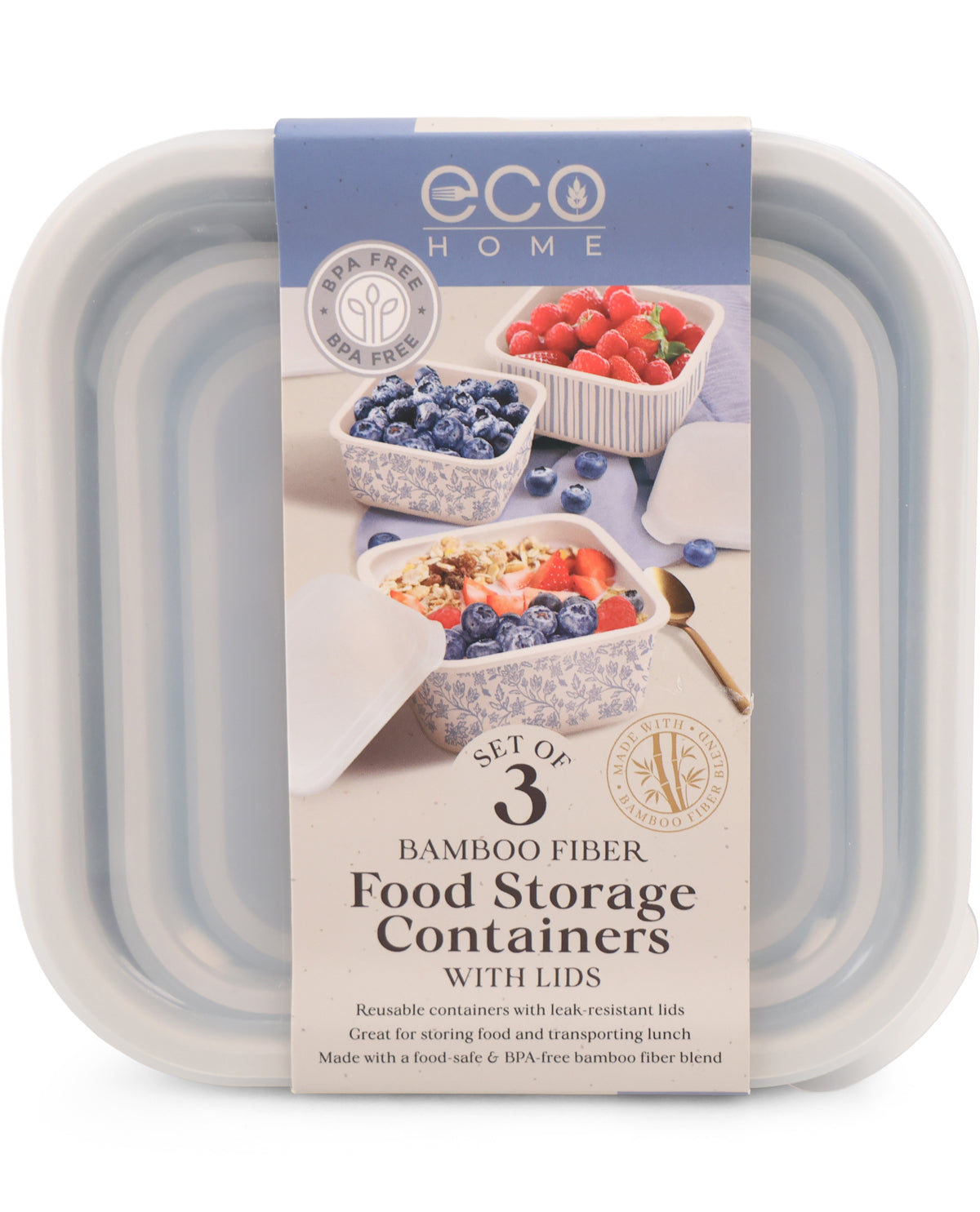 A set of three Eco Home bamboo fiber food storage containers with lids, packaged in a clear plastic case with a blue and white paper label showing food examples.