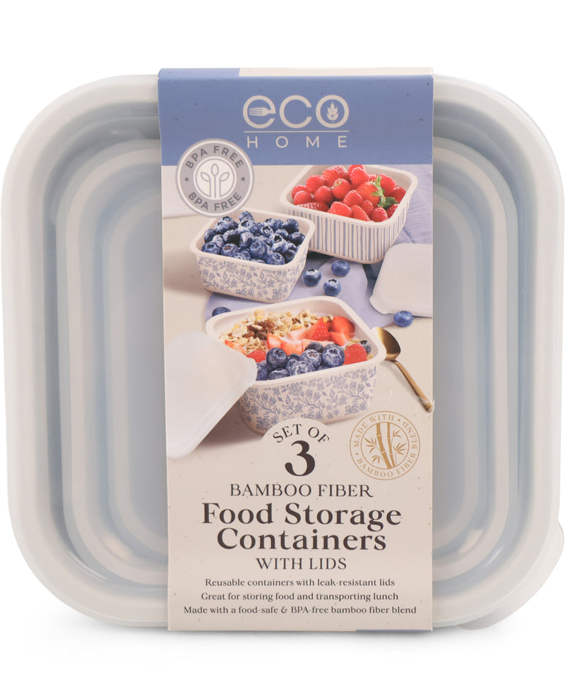 A set of three Eco Home bamboo fiber food storage containers with lids, packaged in a clear plastic case with a blue and white paper label showing food examples.
