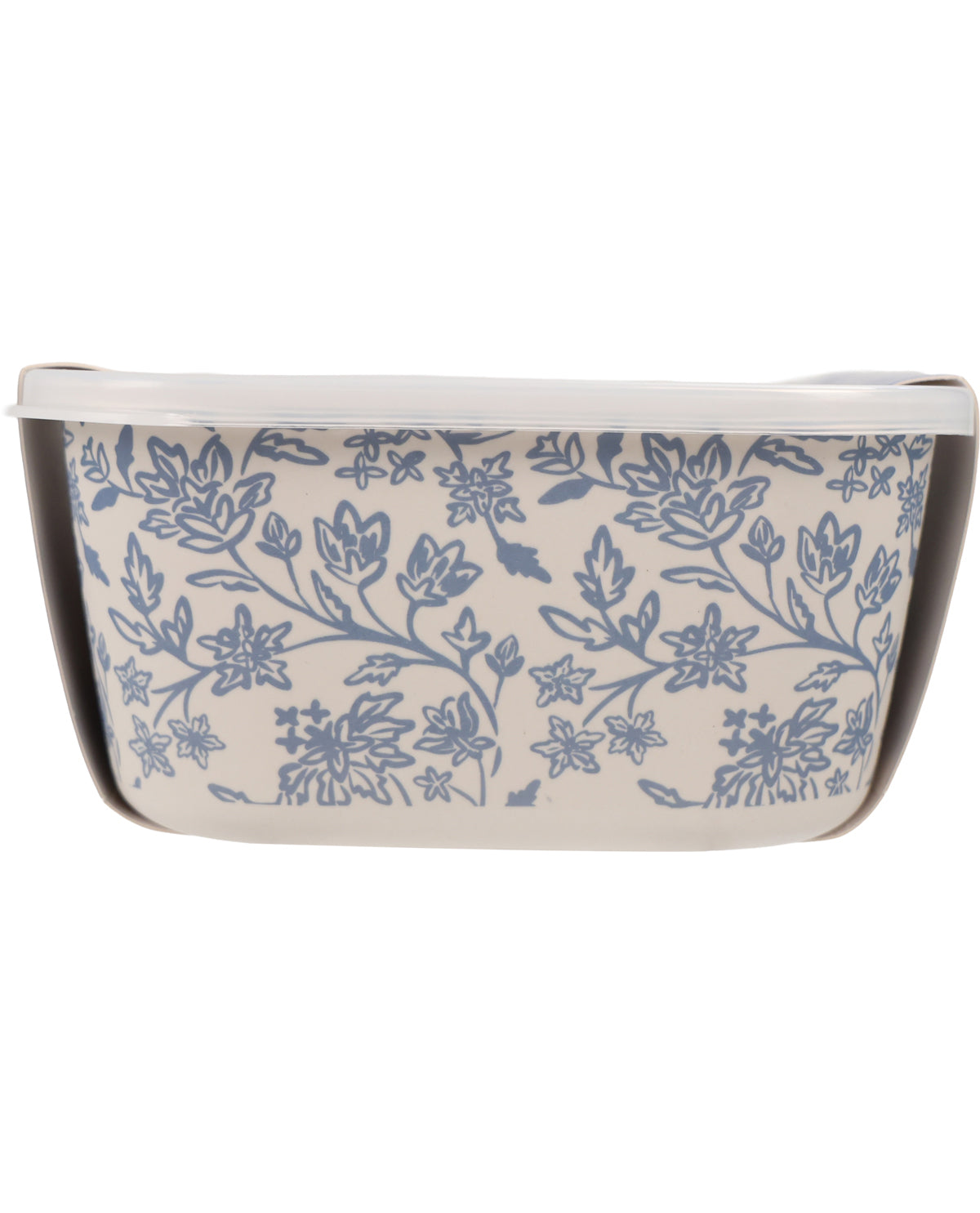 A rectangular ceramic baking dish with a white interior and a blue floral pattern on the exterior, shown against a plain white background.