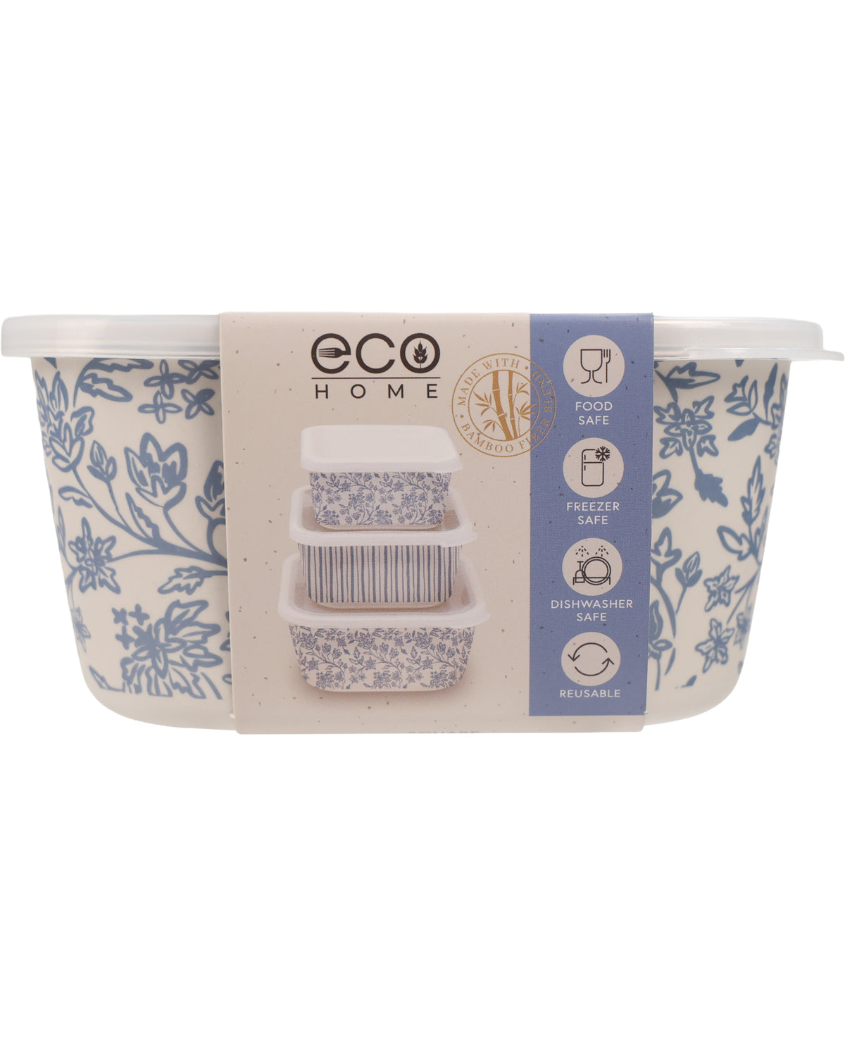 A set of three nested square plastic storage containers with a blue floral pattern on a speckled off-white background, wrapped in a paper band labeled 'eco HOME'.