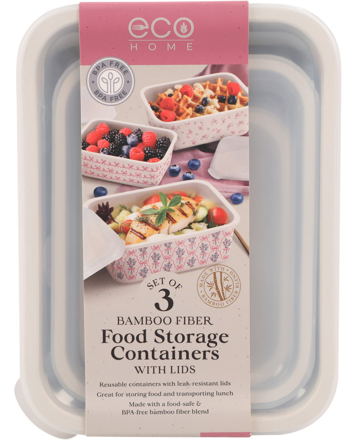 A set of three Eco Home bamboo fiber food storage containers with lids, packaged in a clear plastic sleeve with a pink and white paper label showing food examples.